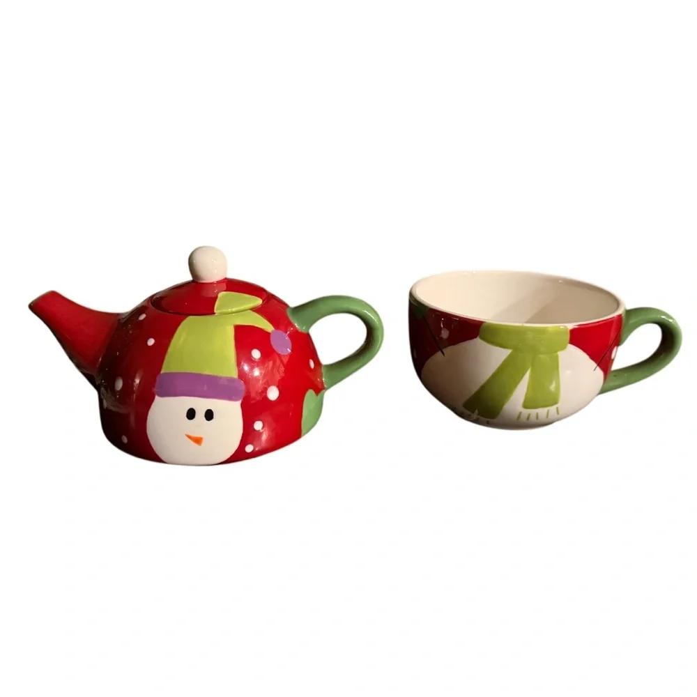Pier 1 Imports Snowman Stacking Teapot Cup Set For One
